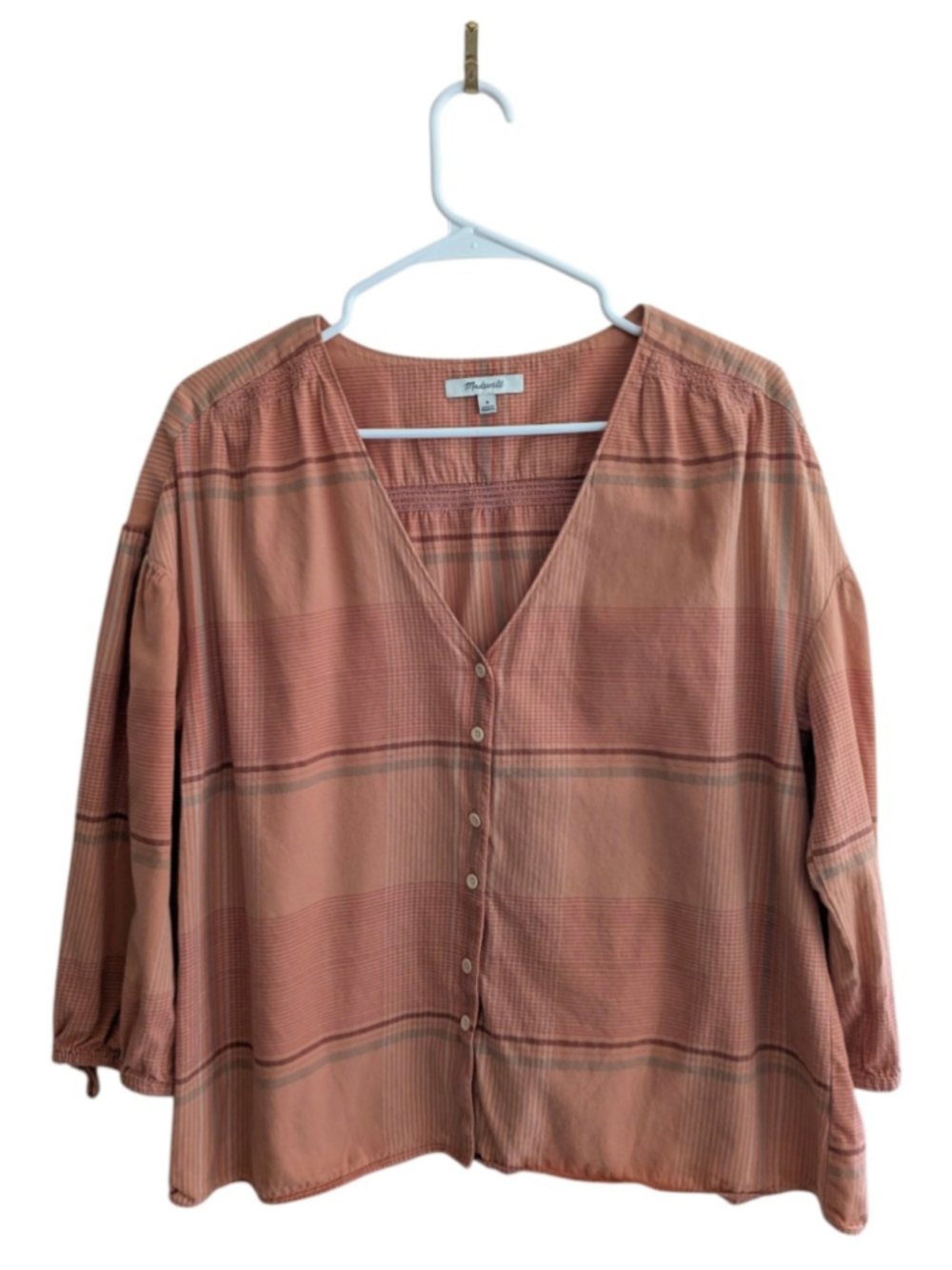 Madewell Morningview Shirt Peach Plaid Size M Tie Sleeve Cotton Blouse - Picture 2 of 7